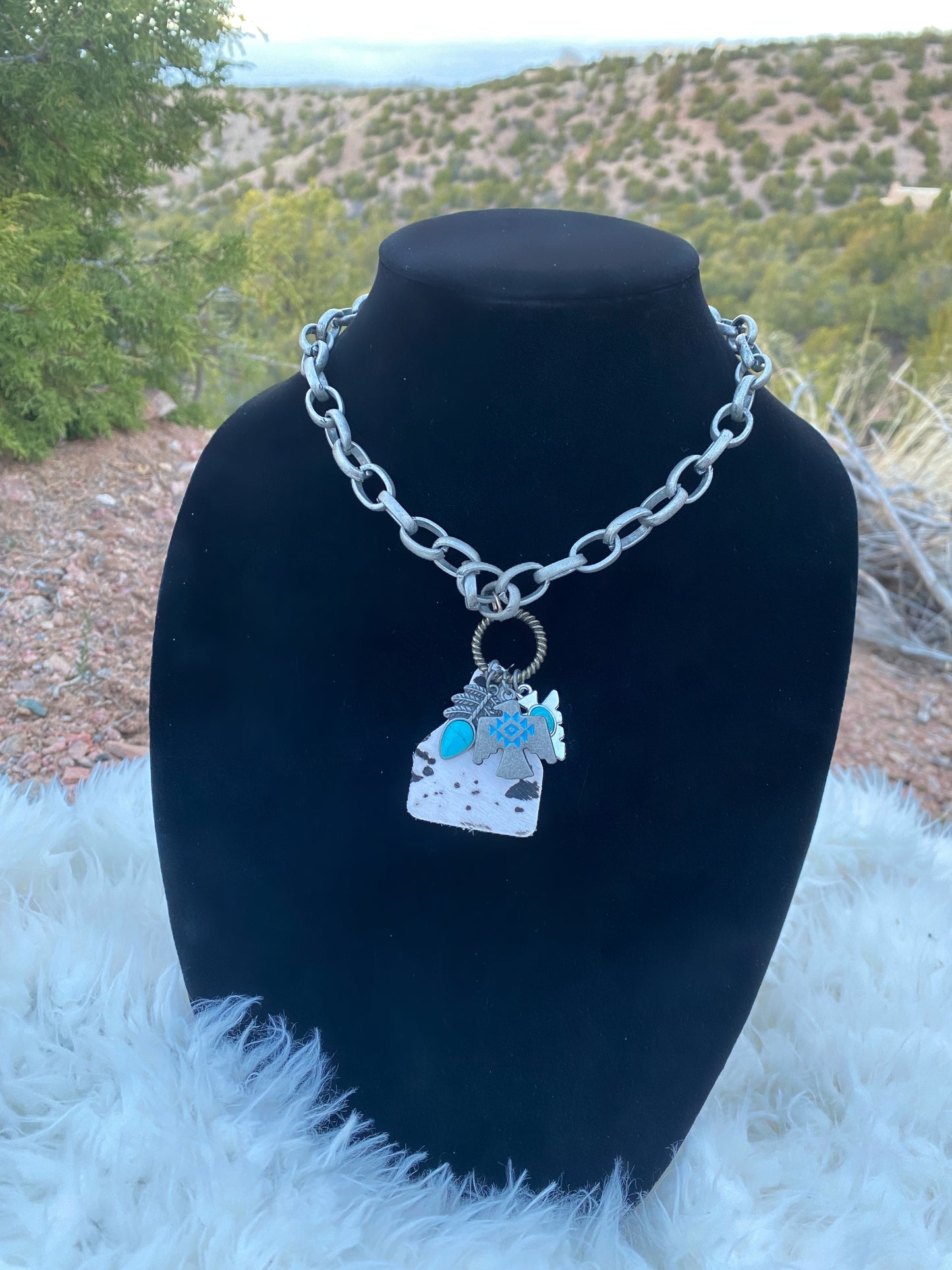 Cow Hide Tag + Turquoise Tribal Pendant Necklace