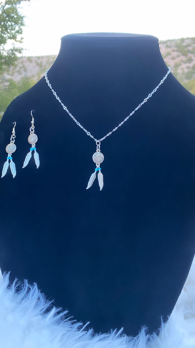 Mini Silver Feather + Mini Turquoise Bead Necklace/Earring Set