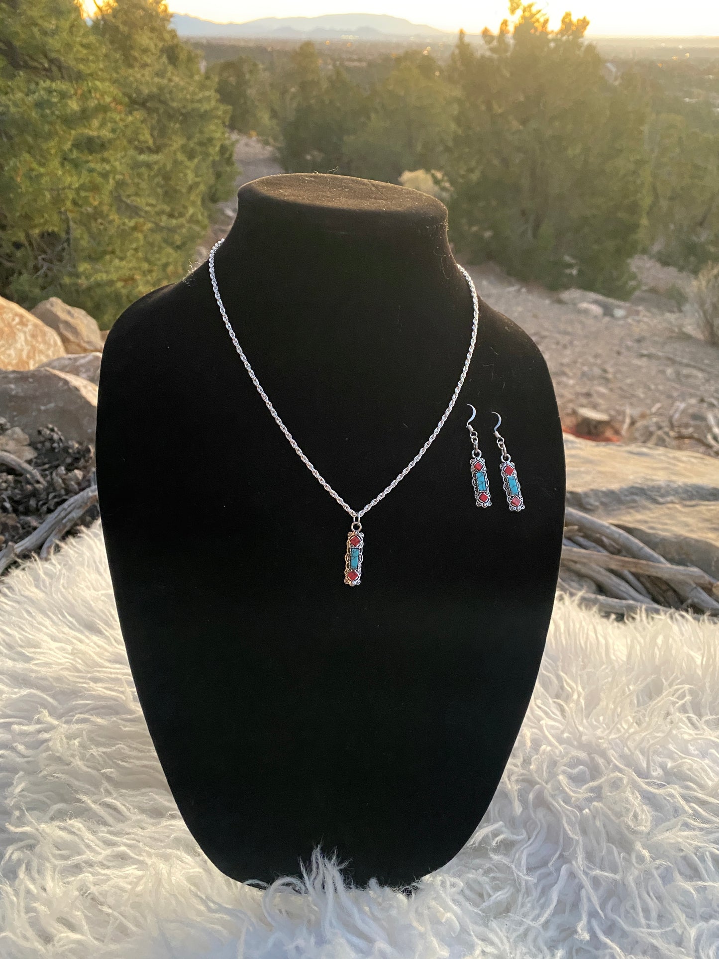 Turquoise + Red Stone Necklace/Earring Set