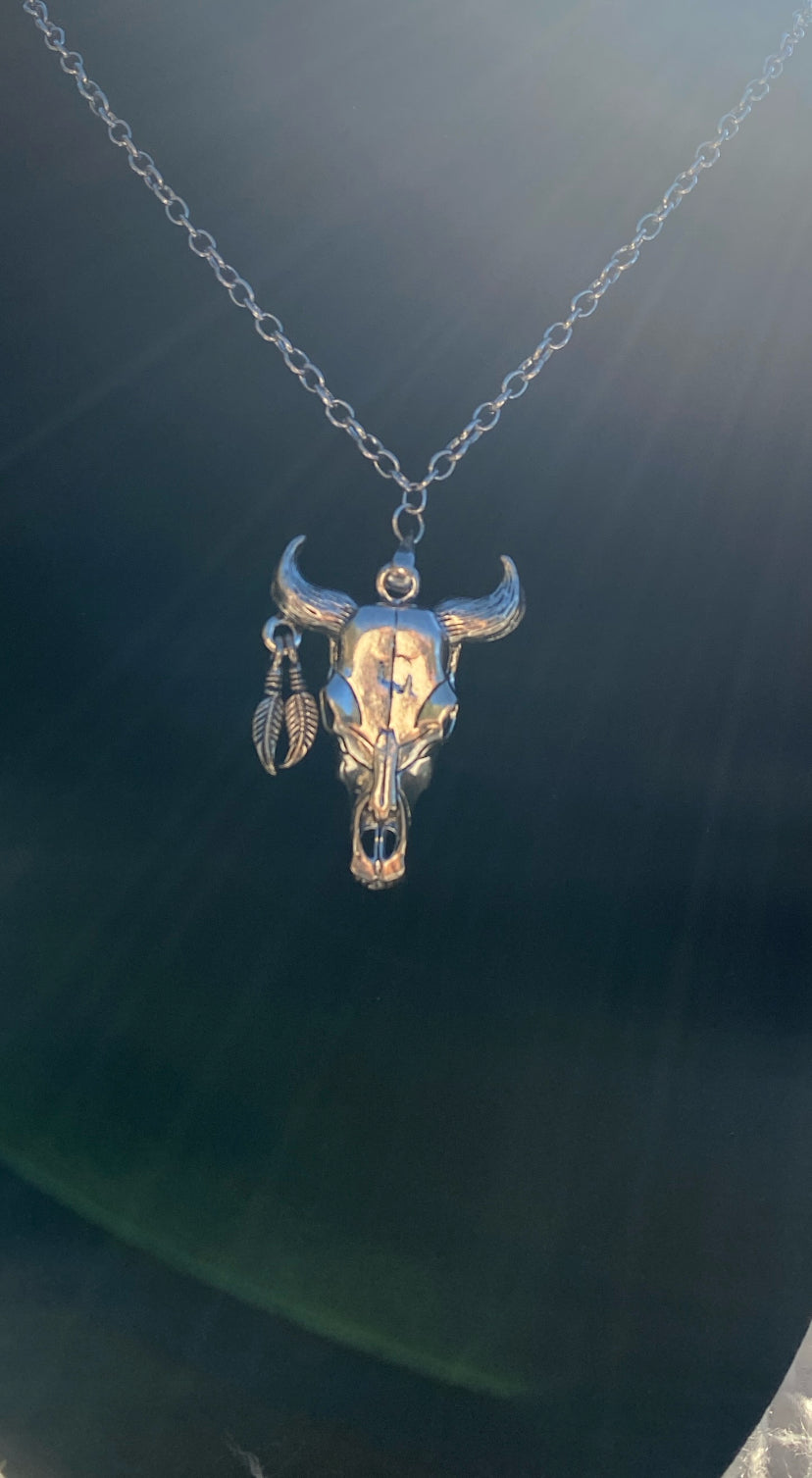 Silver Bull Head w Feather Adornment