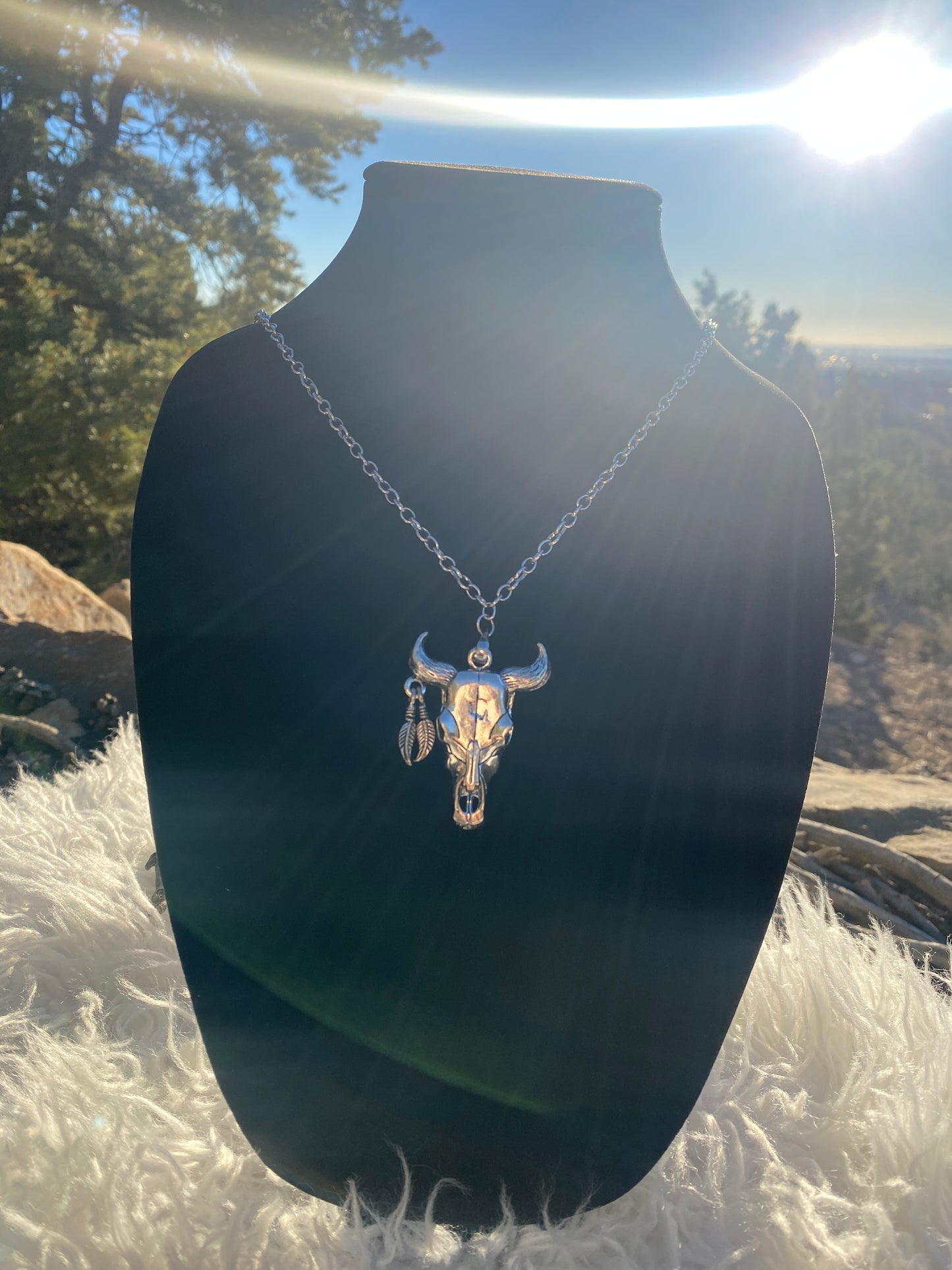 Silver Bull Head w Feather Adornment