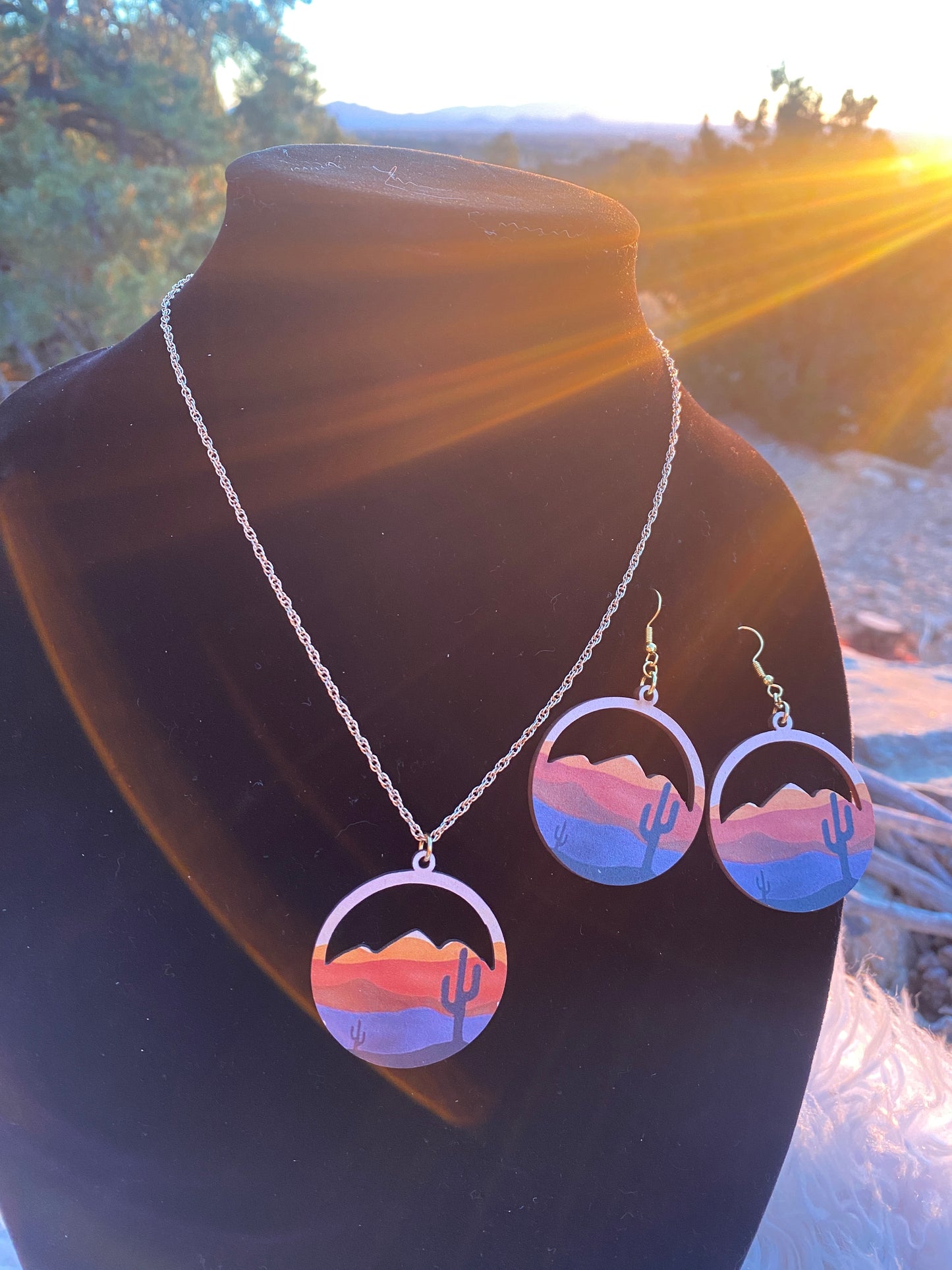 Wooden Sunset Pendant on Gold Chain Necklace & Earrings Set