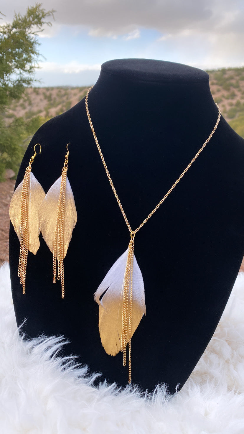 Gold Dipped Feather Necklace/Earring Set