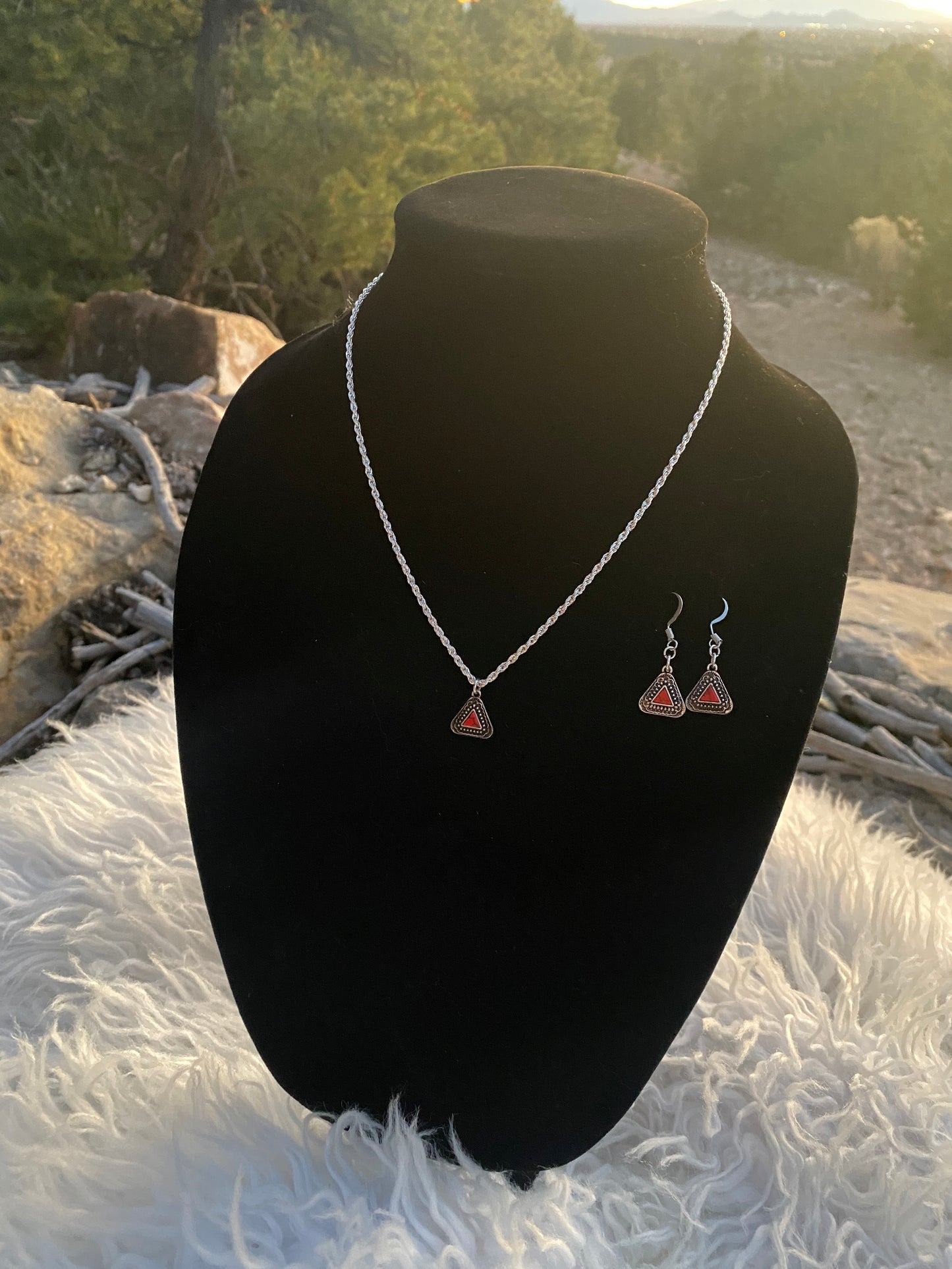 Red Stone + Silver Triangle Pendant on Silver Chain