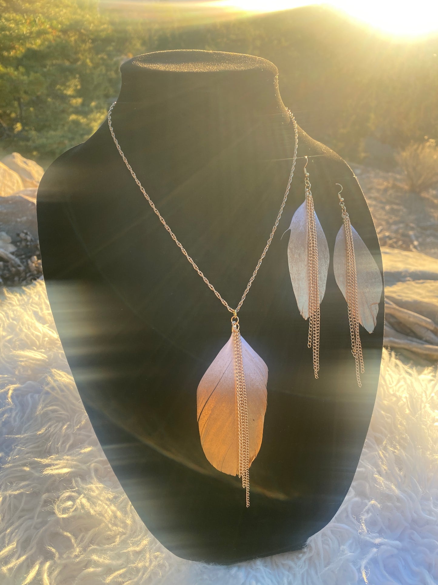 Gold Dipped Feather Necklace/Earring Set