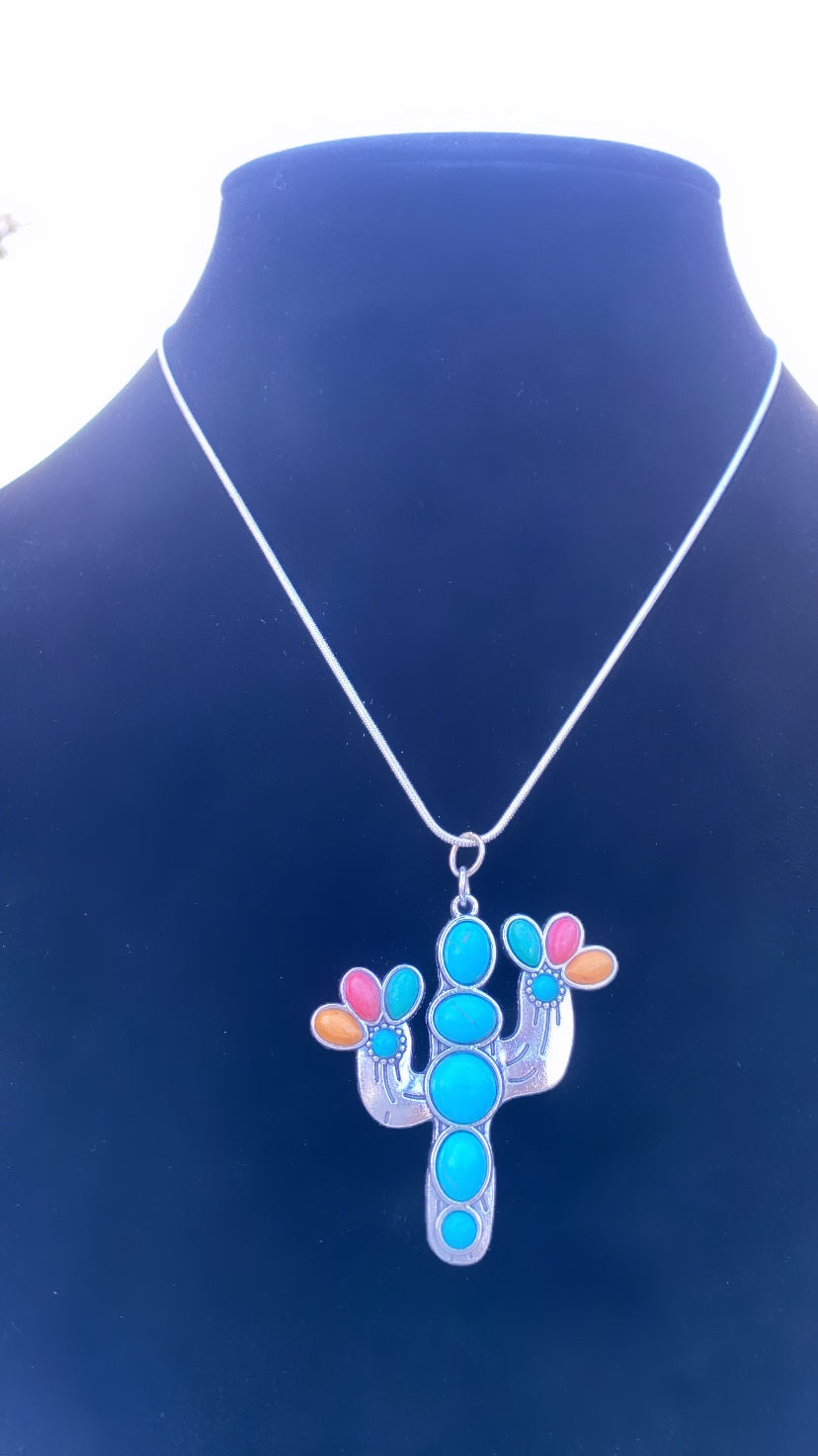 Turquoise + Coral Gem Cactus Necklace