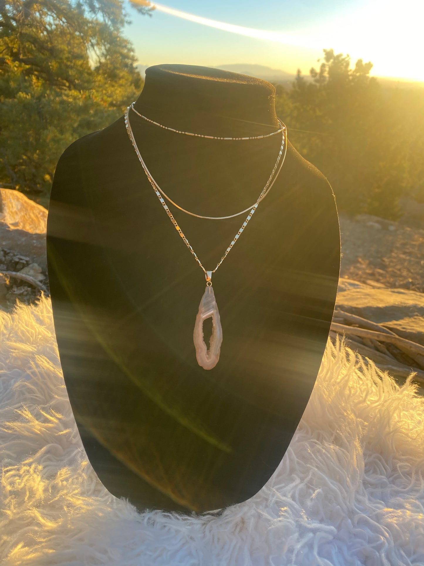 Thin Crystal Drop Triple Chain Necklace