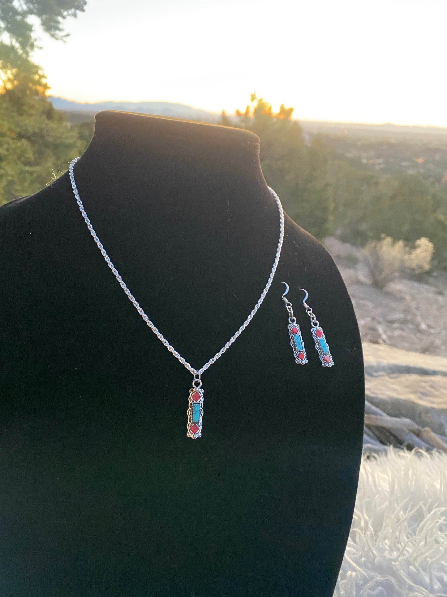 Turquoise + Red Stone Necklace/Earring Set