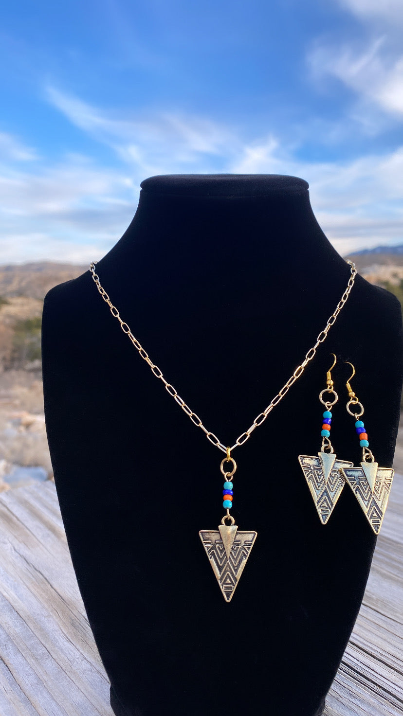 Tribal Golden Arrowhead Necklace/Earring Set