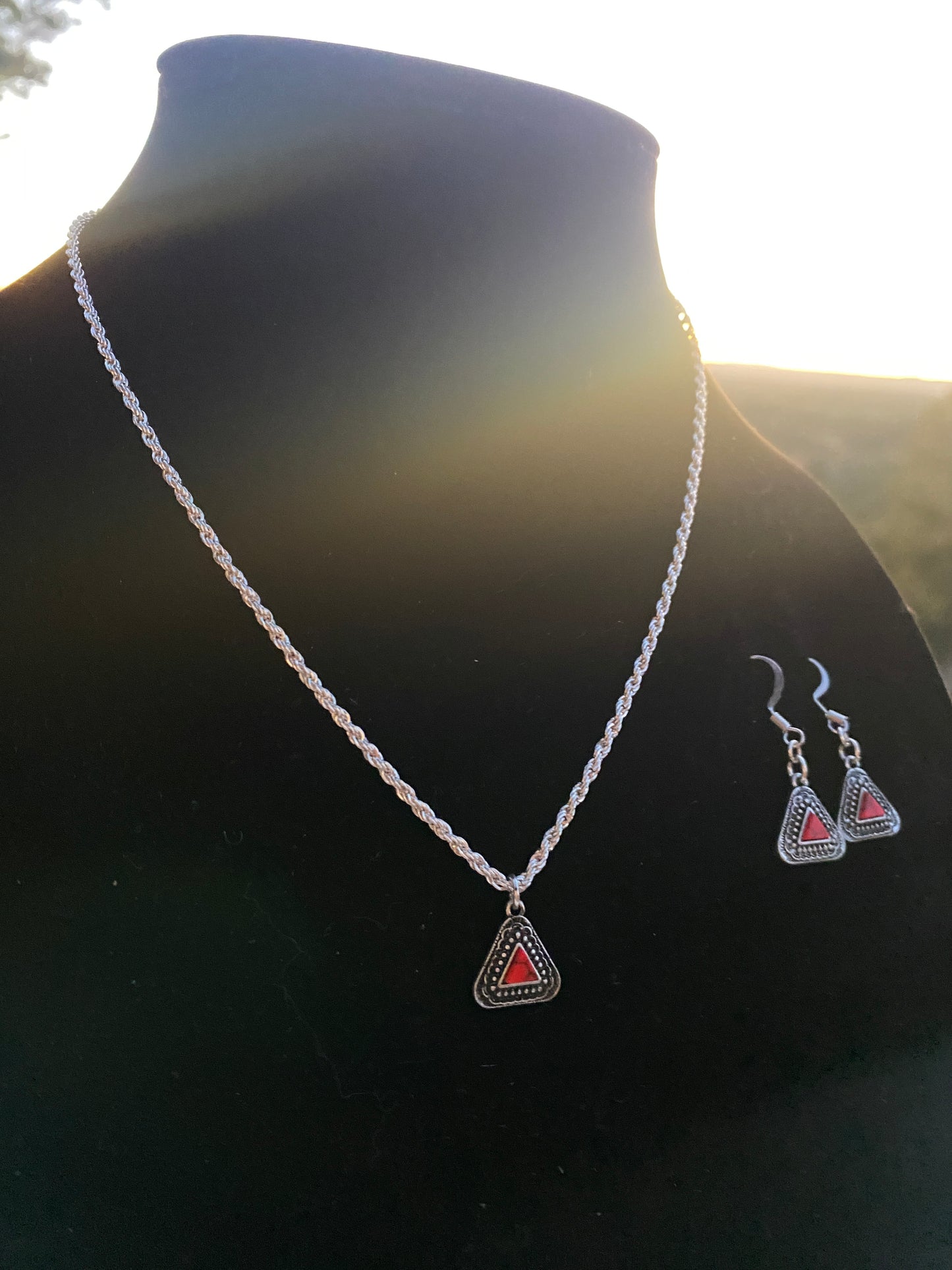 Red Stone + Silver Triangle Pendant on Silver Chain