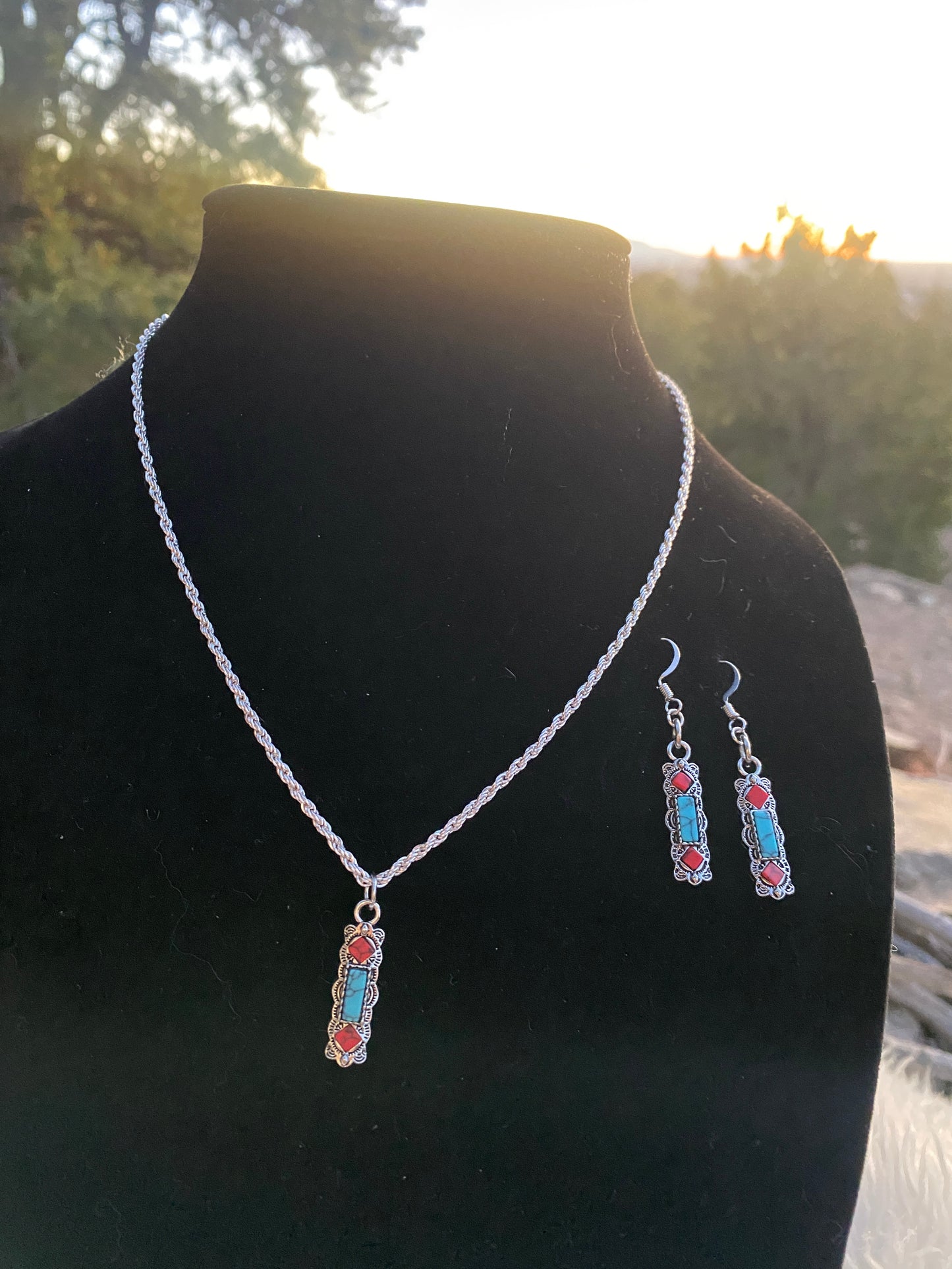 Turquoise + Red Stone Necklace/Earring Set