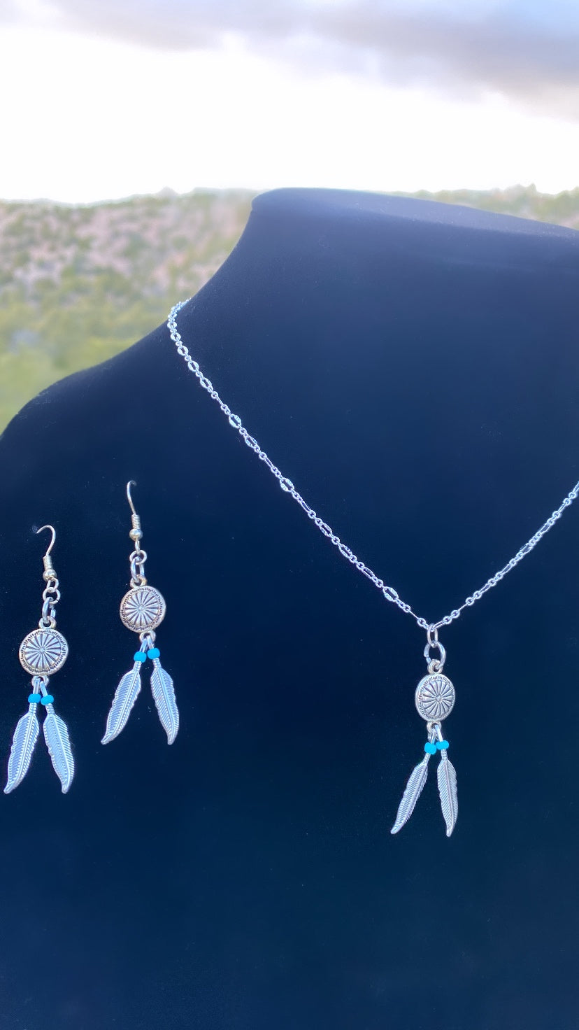 Mini Silver Feather + Mini Turquoise Bead Necklace/Earring Set