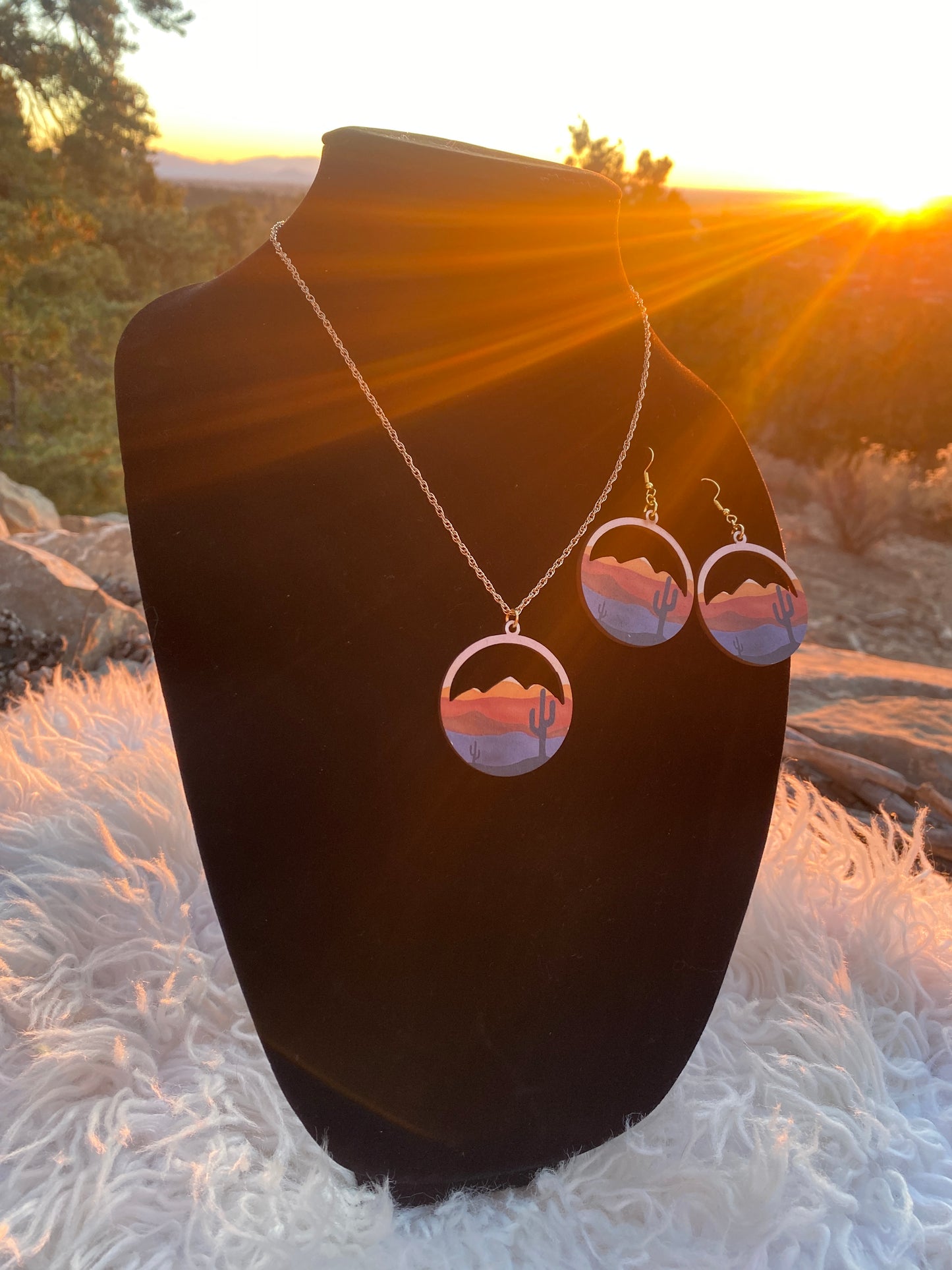 Wooden Sunset Pendant on Gold Chain Necklace & Earrings Set