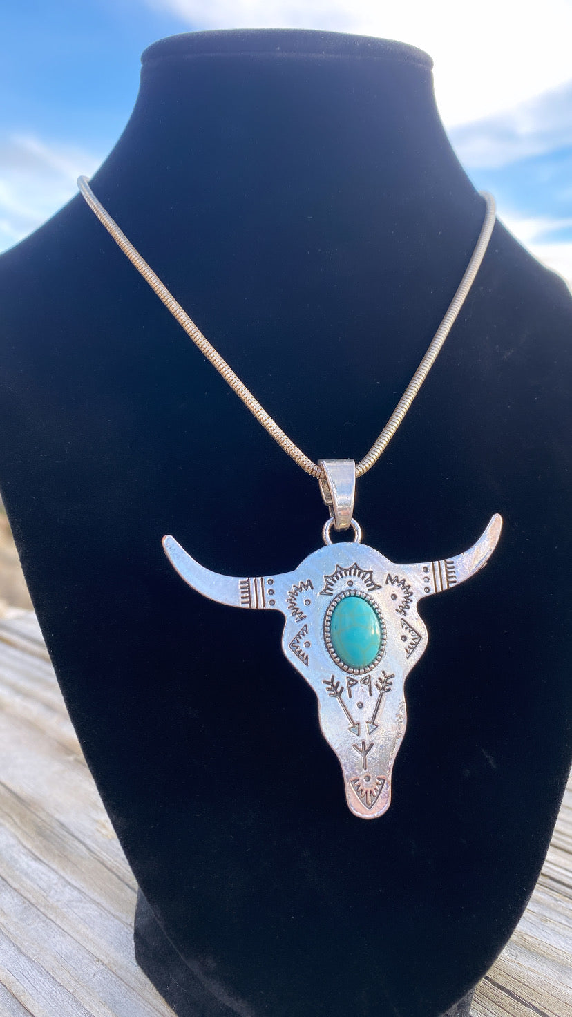 Turquoise Third Eye Large Tribal Bull Head Necklace