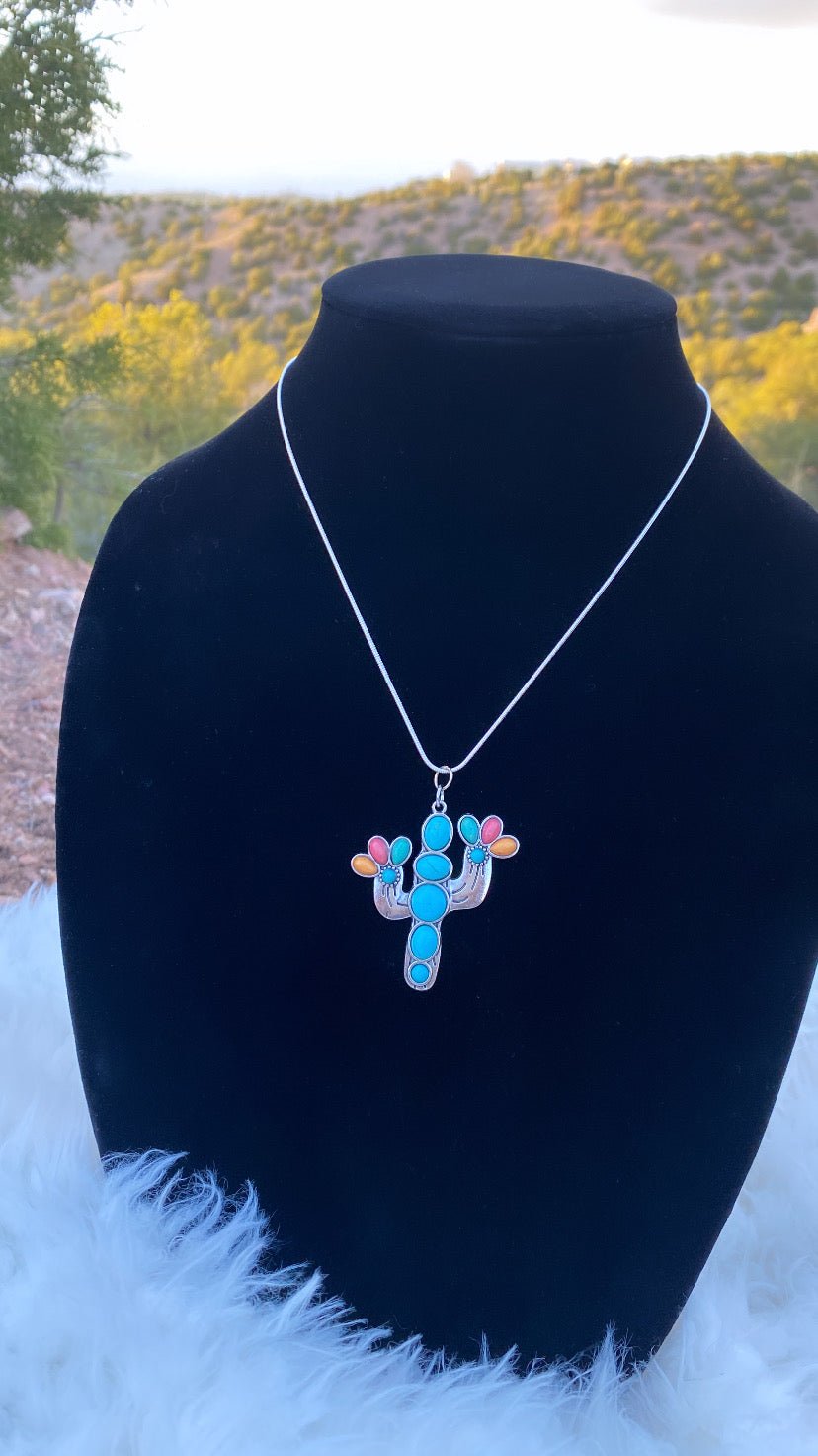 Turquoise + Coral Gem Cactus Necklace